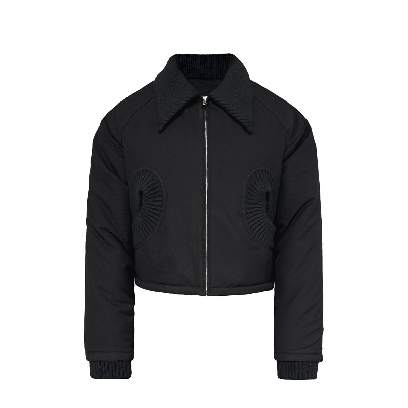 Spiral Insert Pocket Cotton Bomber Jacket with Jacquard Mesh Texture and Velvet Finish - Trendy 90s Inspired Outerwear