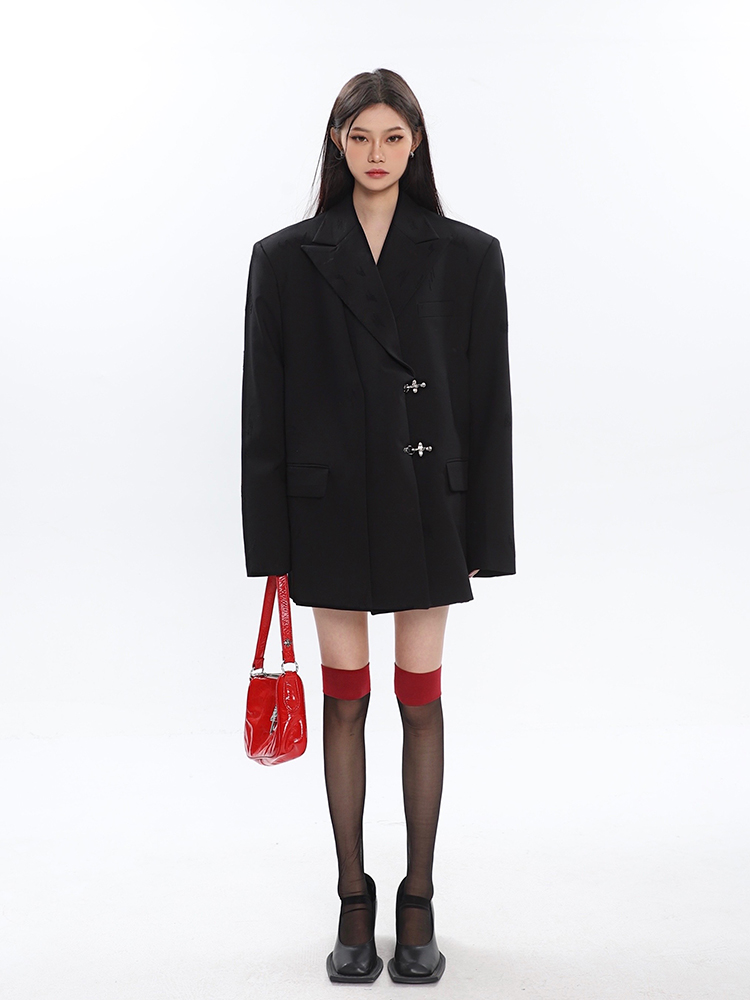 Spliced High-End Suit Jacket for Women with Metal Buckle Detail - Spring Fashion Outerwear