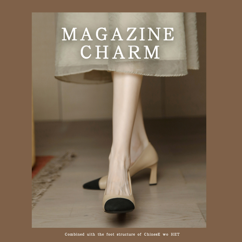 Spliced High Heels for Women - 2025 Spring Soft Leather Nude French Retro Low-Heeled Versatile Shoes Spliced High Heels for Women - 2025 Spring Soft Leather Nude French Retro Low-Heeled Versatile Shoes