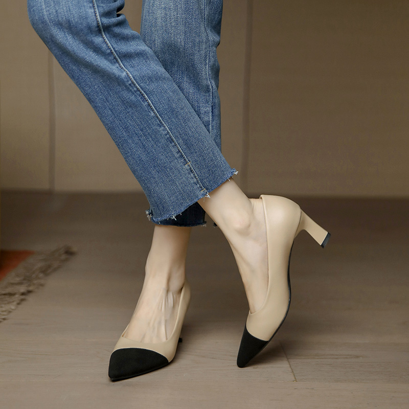 Spliced High Heels for Women - 2025 Spring Soft Leather Nude French Retro Low-Heeled Versatile Shoes Spliced High Heels for Women - 2025 Spring Soft Leather Nude French Retro Low-Heeled Versatile Shoes