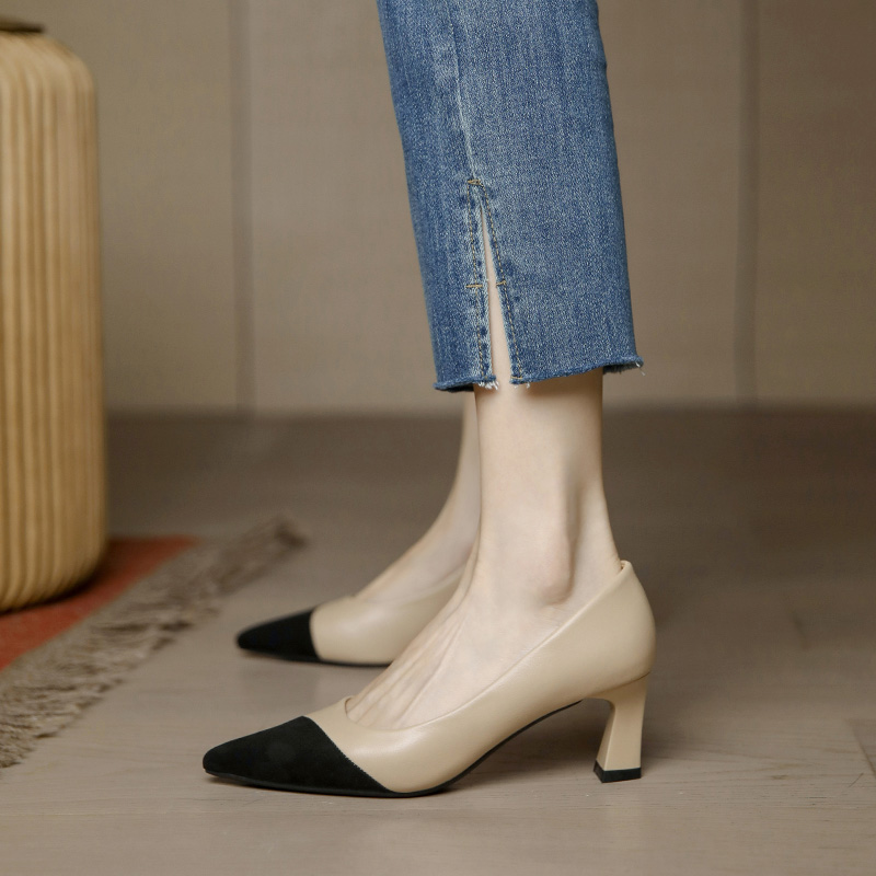 Spliced High Heels for Women - 2025 Spring Soft Leather Nude French Retro Low-Heeled Versatile Shoes Spliced High Heels for Women - 2025 Spring Soft Leather Nude French Retro Low-Heeled Versatile Shoes