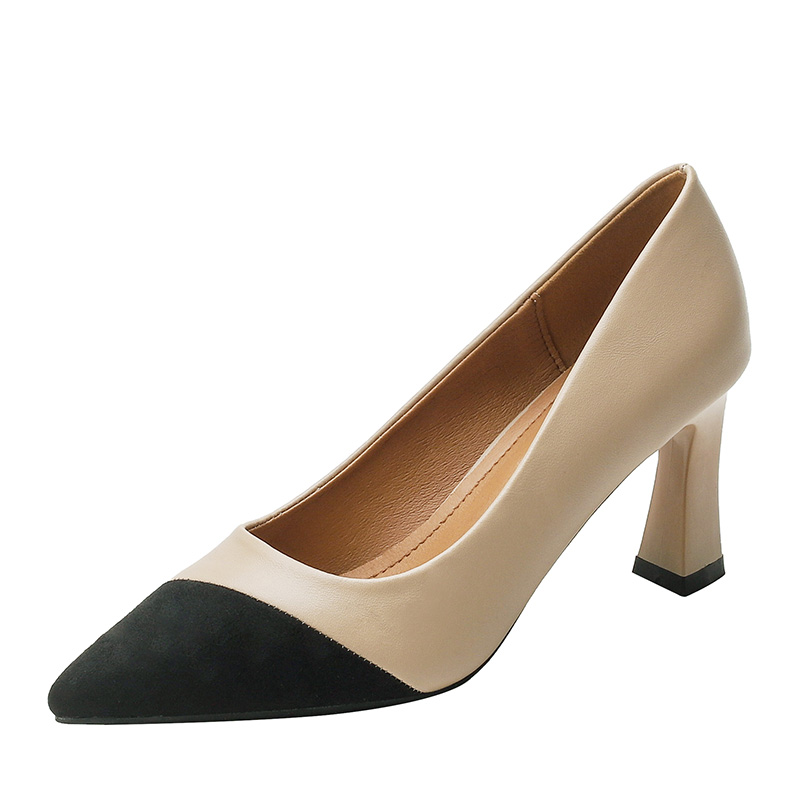 Spliced High Heels for Women - 2025 Spring Soft Leather Nude French Retro Low-Heeled Versatile Shoes Spliced High Heels for Women - 2025 Spring Soft Leather Nude French Retro Low-Heeled Versatile Shoes