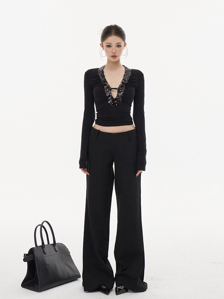 Spliced Sequin Base Tight T-Shirt for Autumn Winter - Heavy-Duty Fashion Top in Trendy Layered Style