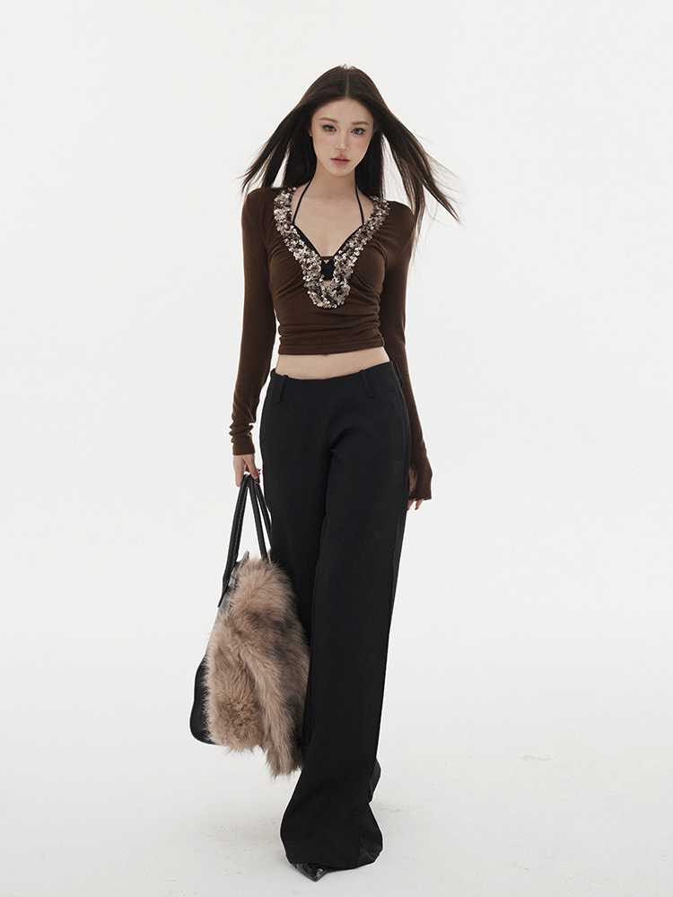 Spliced Sequin Base Tight T-Shirt for Autumn Winter - Heavy-Duty Fashion Top in Trendy Layered Style