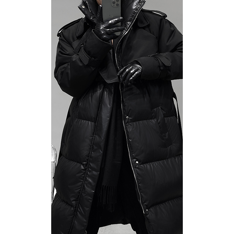 Splicing Design Long Coat with Waist Belt - Trendy Warm Down Jacket for Autumn Winter Fashion