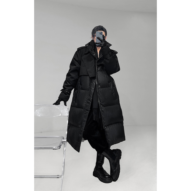 Splicing Design Long Coat with Waist Belt - Trendy Warm Down Jacket for Autumn Winter Fashion