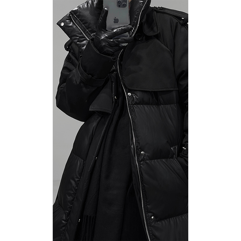 Splicing Design Long Coat with Waist Belt - Trendy Warm Down Jacket for Autumn Winter Fashion Splicing Design Long Coat with Waist Belt - Trendy Warm Down Jacket for Autumn Winter Fashion