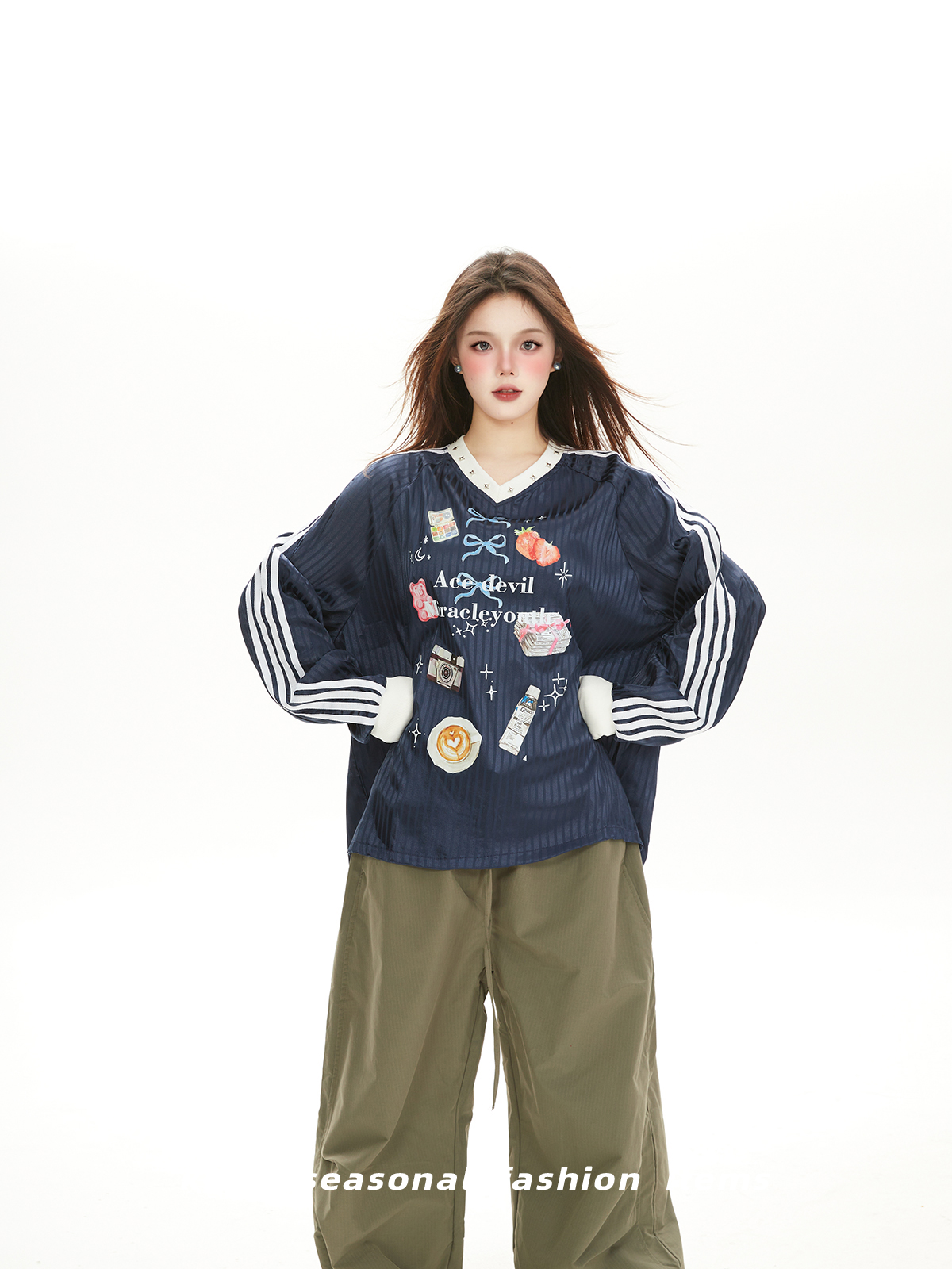 Sporty White Vertical Striped Long Sleeve T-Shirt with Satin Collar and Studded Playful Print - High-End Women's Baseball Tee Sporty White Vertical Striped Long Sleeve T-Shirt with Satin Collar and Studded Playful Print - High-End Women's Baseball Tee