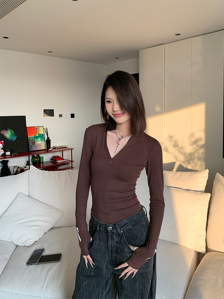 Spring 2025 American Vintage Slim Fit Waist-Defining Long Sleeve Women's Casual T-Shirt - Versatile Base Layer Top