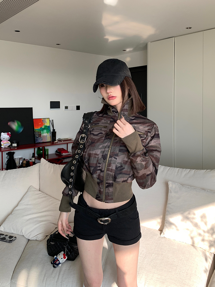 Spring 2025 Women's American Vintage Camouflage Lapel Short Cardigan Sweatshirt - Slim Fit Jacket for Y2K Style