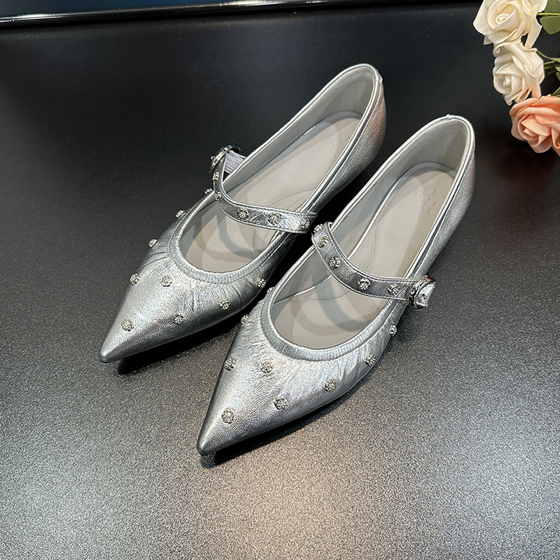 Spring 2025 Women's Genuine Leather Pointed Toe Mary Jane Shoes with Rhinestone One-Strap and Low Wedge Heels