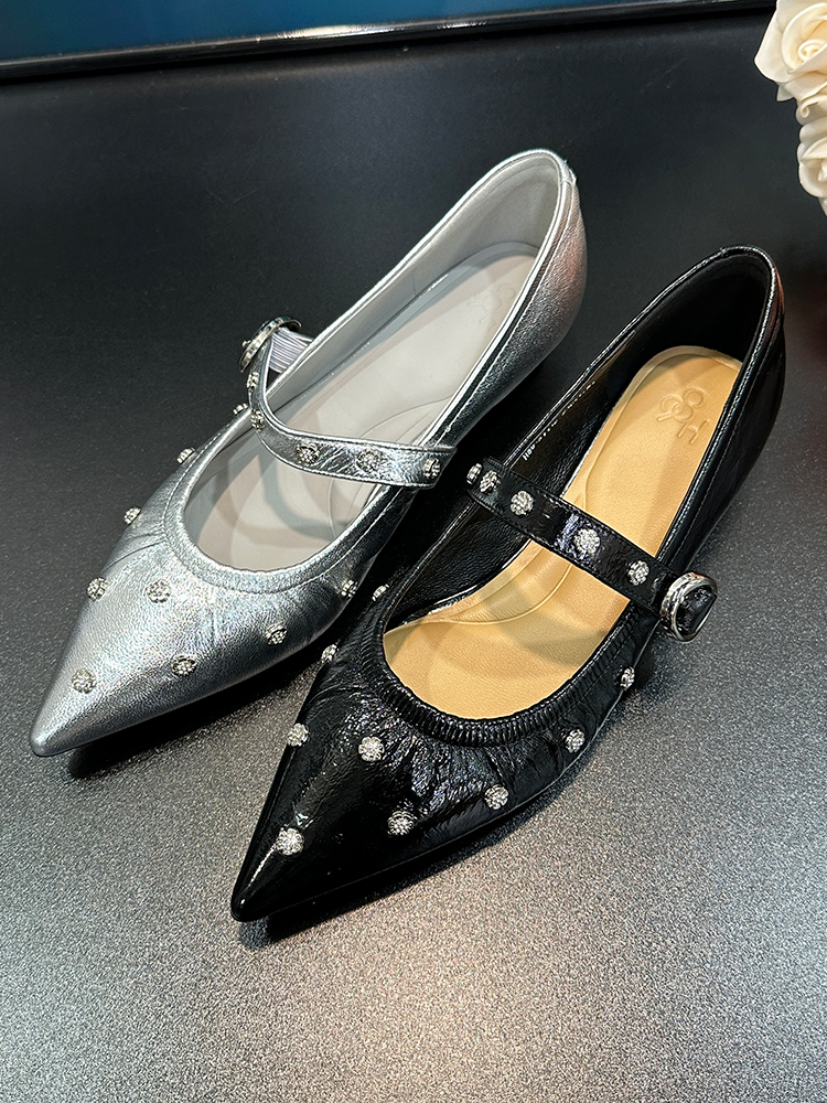 Spring 2025 Women's Genuine Leather Pointed Toe Mary Jane Shoes with Rhinestone One-Strap and Low Wedge Heels
