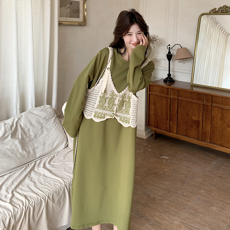 Spring 2025 Women's Knitted Patchwork Faux Two-Piece Green Sweatshirt Dress, Loose Fit Long Dress with Slimming Style