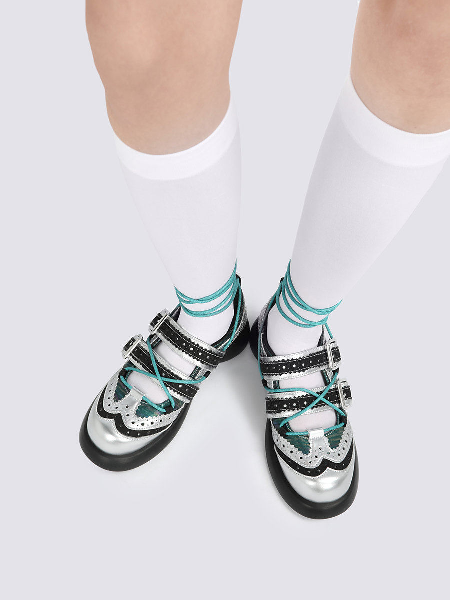 Spring 2025 Womenâ€™s Silver Ballet Mary Jane Shoes - Lace-Up Thick-Soled Flats for a Chic Y2K Look