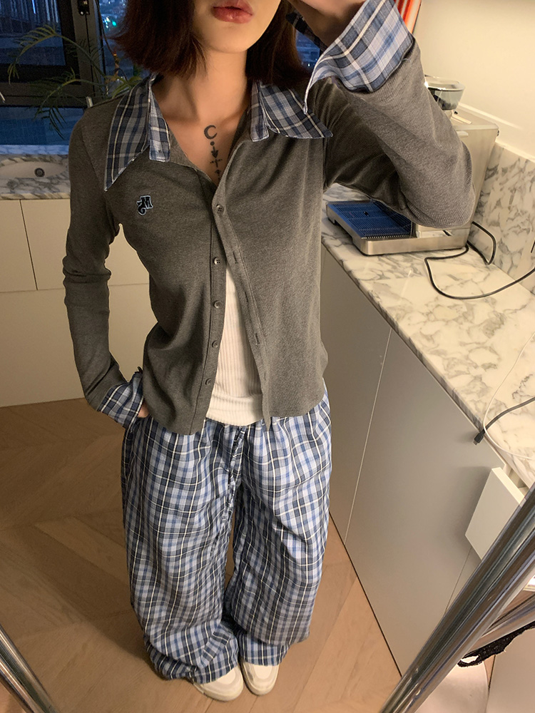 Spring American Style Plaid Splicing Knitted Cardigan for Women - Slim Fit Elegant Casual Top, Perfect for 90s and Y2K Inspired Outfits