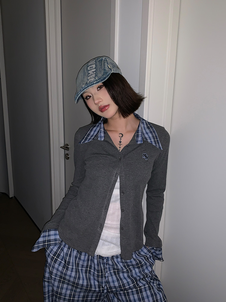 Spring American Style Plaid Splicing Knitted Cardigan for Women - Slim Fit Elegant Casual Top, Perfect for 90s and Y2K Inspired Outfits