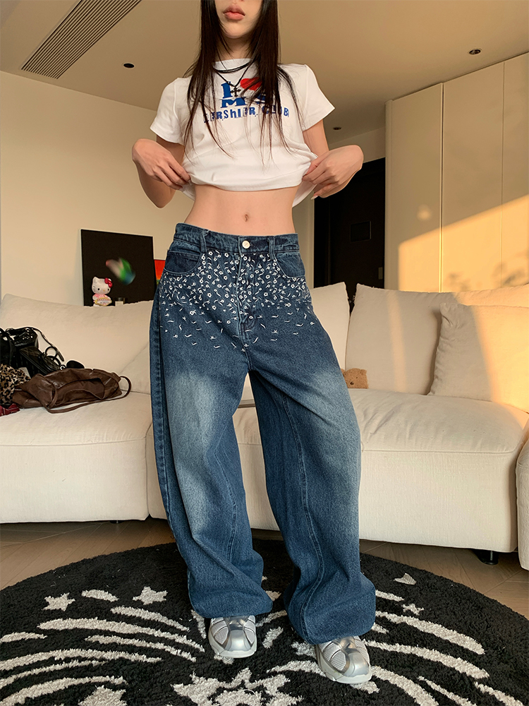 Spring American Vintage Floral Embroidery Loose Fit Wide Leg Jeans Unisex Casual Trousers for 90s Y2K Style