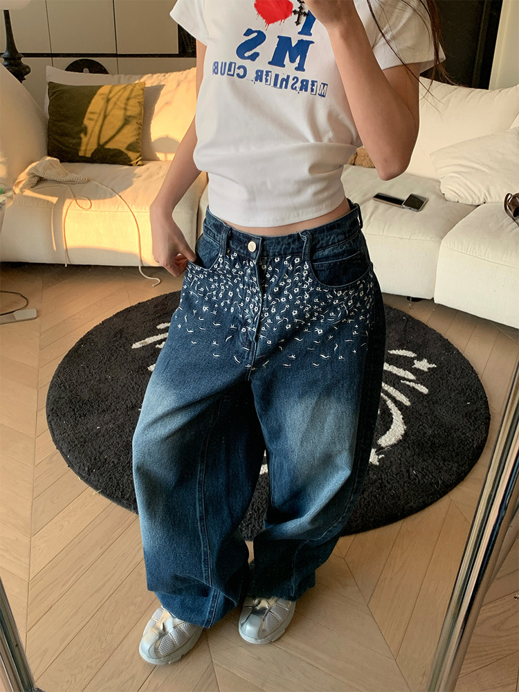 Spring American Vintage Floral Embroidery Loose Fit Wide Leg Jeans Unisex Casual Trousers for 90s Y2K Style