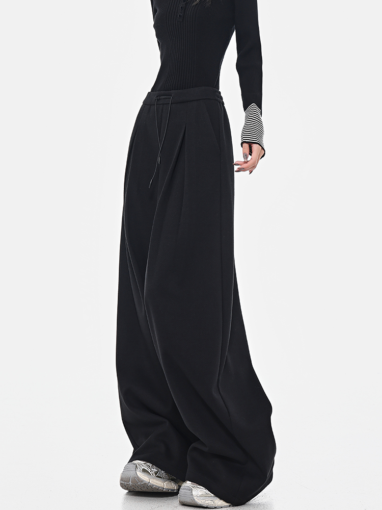 Spring Black Pleated Wide-Leg Suit Pants for Women - Versatile Loose Slim Trousers in Trendy Korean Style