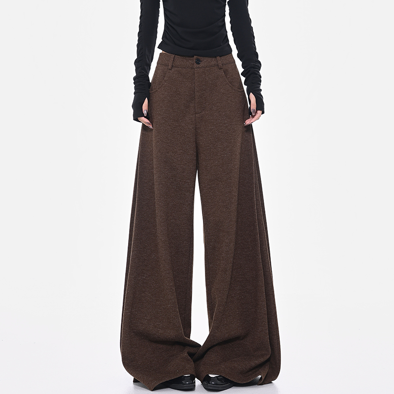 Spring Coffee Color Pleated Wide Leg Loose Fit Suit Pants for Women - Draped Floor-Length Design for Effortless Style