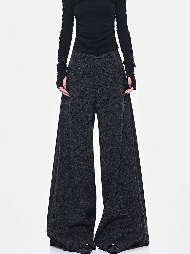 Spring Gray Pleated Design Suit Pants for Women - Loose Wide-Leg Draped Slimming Floor-Length Trousers, Y2K Chic Style