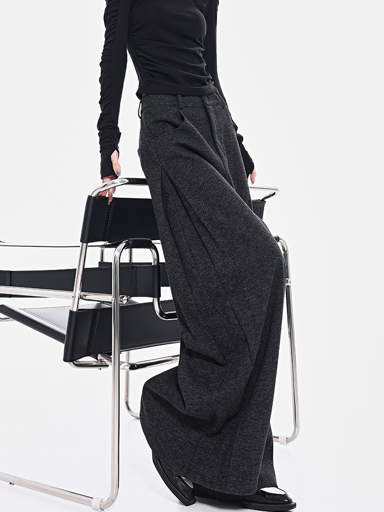 Spring Gray Pleated Design Suit Pants for Women - Loose Wide-Leg Draped Slimming Floor-Length Trousers, Y2K Chic Style Spring Gray Pleated Design Suit Pants for Women - Loose Wide-Leg Draped Slimming Floor-Length Trousers, Y2K Chic Style