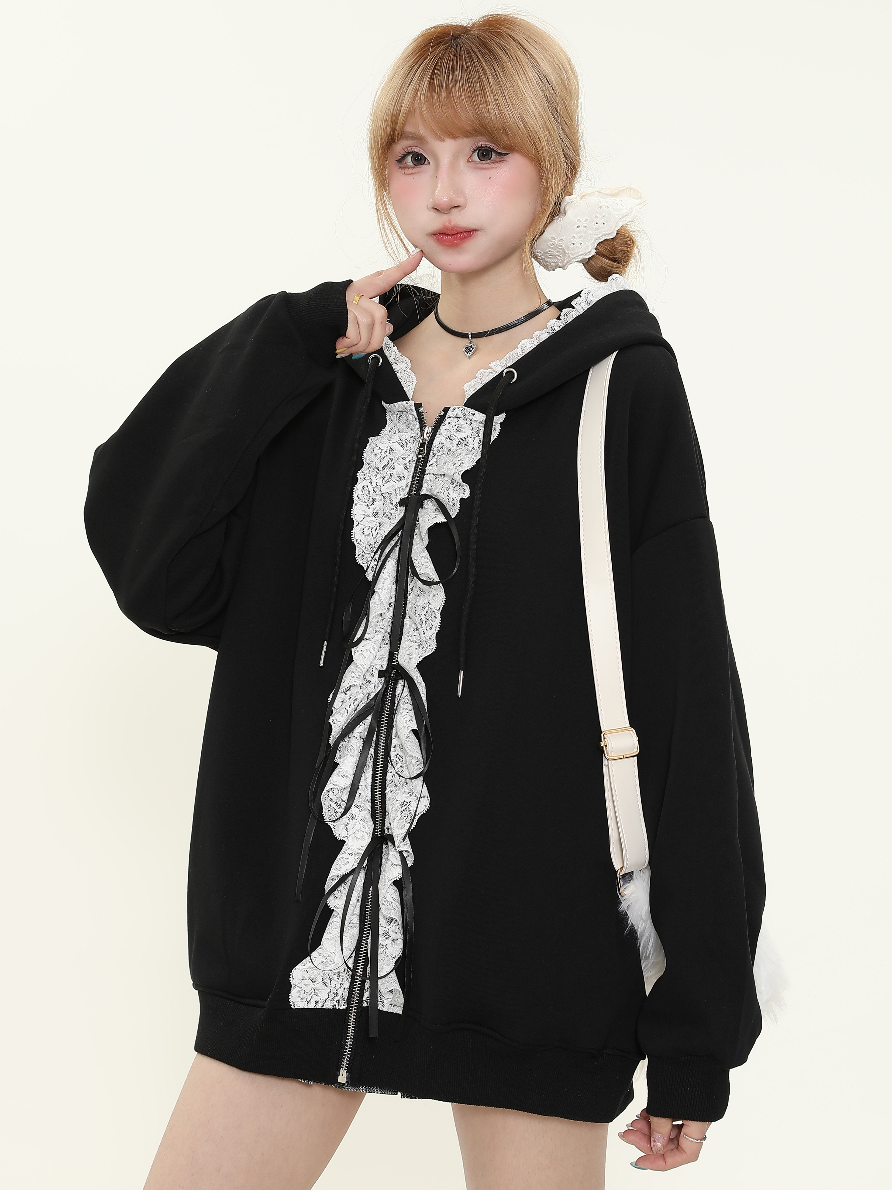 Spring Lace Trim Bow Tie Zipper Hoodie Jacket for Women - Sweet Girl Loose Fit - 90s Inspired Fashion Top