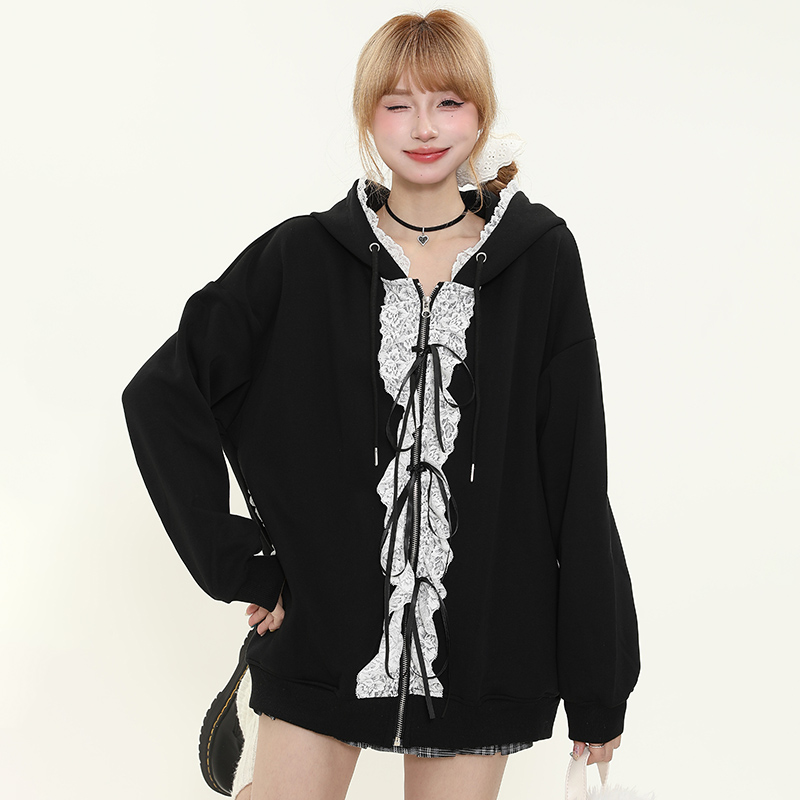 Spring Lace Trim Bow Tie Zipper Hoodie Jacket for Women - Sweet Girl Loose Fit - 90s Inspired Fashion Top