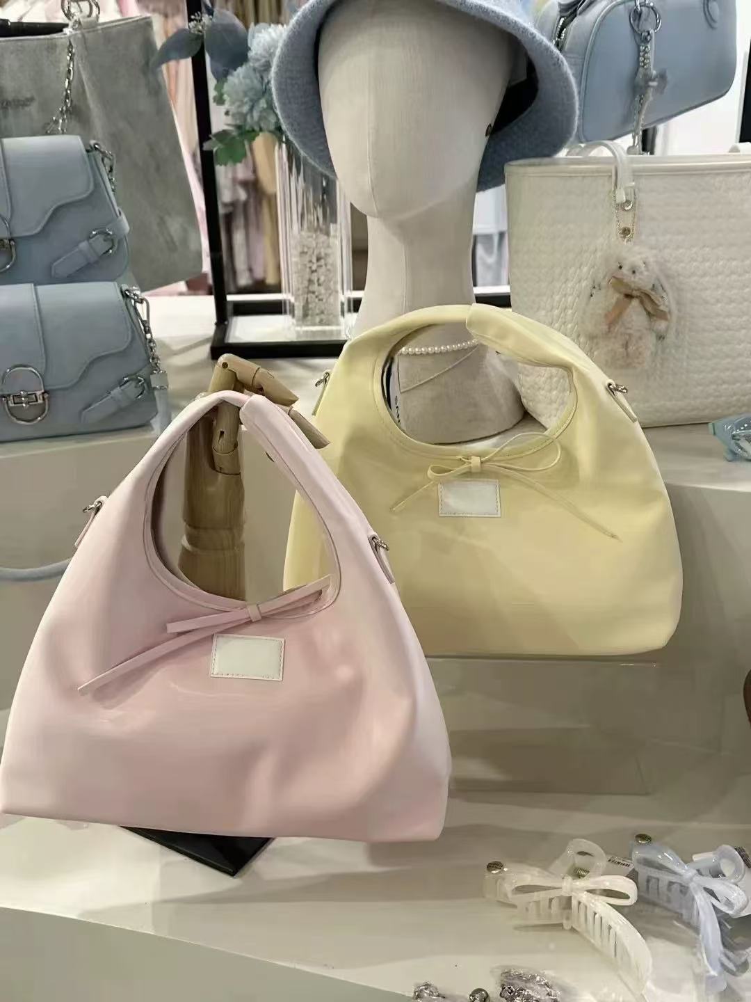 Spring Minimalist Korean Style Women's Handbag with Sweet Bow Tie - Casual Tote and Crossbody Wrist Bag