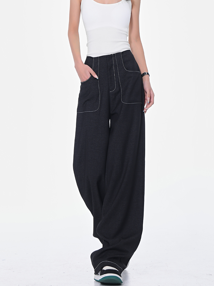 Spring New Black Wide-Leg Suit Pants for Women with Contrast Stitching, High Waist, Draped Fit, Slimming Y2K Style Spring New Black Wide-Leg Suit Pants for Women with Contrast Stitching, High Waist, Draped Fit, Slimming Y2K Style