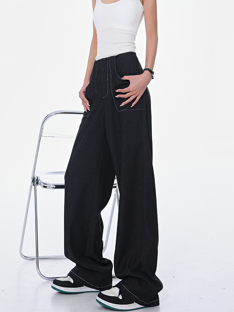 Spring New Black Wide-Leg Suit Pants for Women with Contrast Stitching, High Waist, Draped Fit, Slimming Y2K Style Spring New Black Wide-Leg Suit Pants for Women with Contrast Stitching, High Waist, Draped Fit, Slimming Y2K Style
