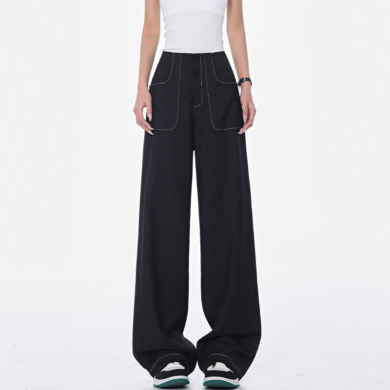 Spring New Black Wide-Leg Suit Pants for Women with Contrast Stitching, High Waist, Draped Fit, Slimming Y2K Style