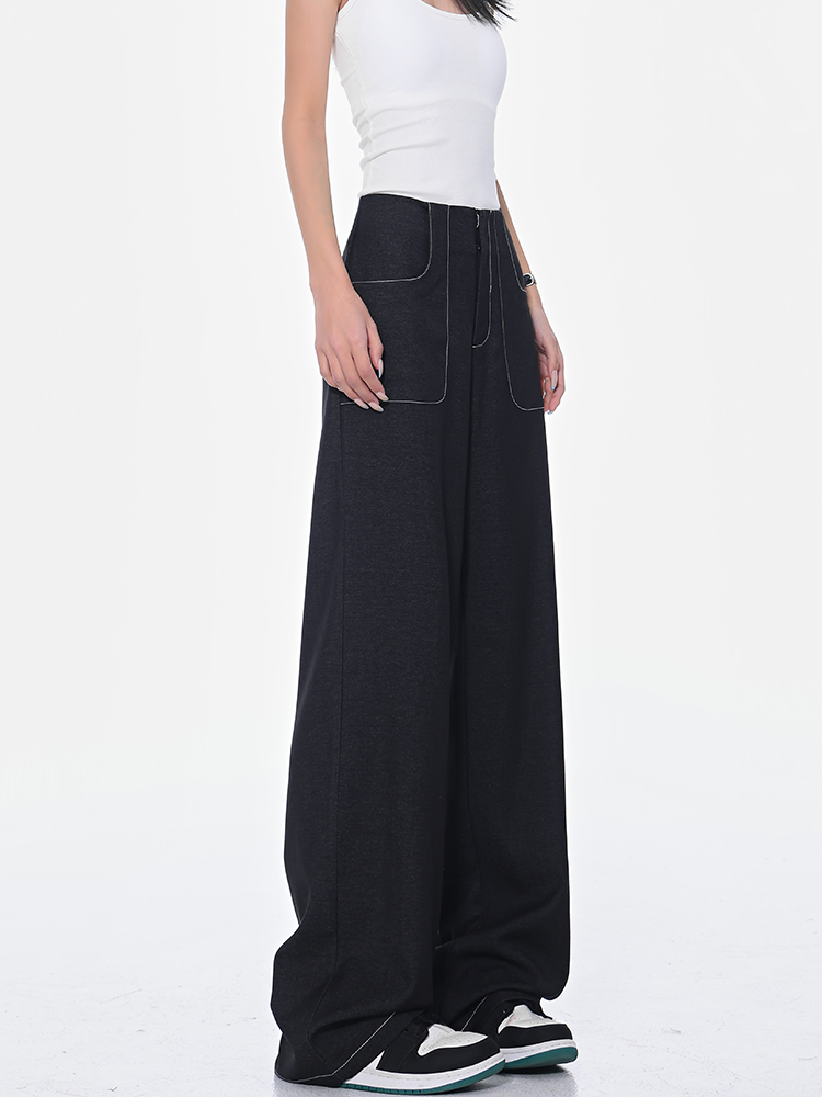 Spring New Black Wide-Leg Suit Pants for Women with Contrast Stitching, High Waist, Draped Fit, Slimming Y2K Style