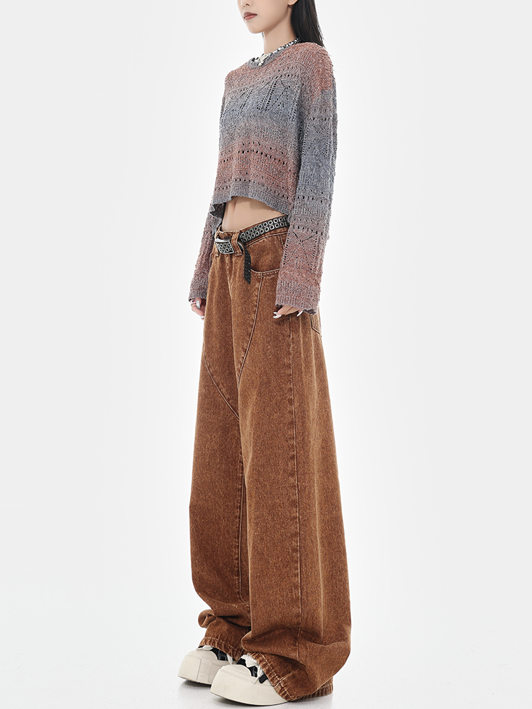 Spring New Melard Atmosphere Brown Denim Wide-Leg Straight-Leg Pants for Women - Versatile Casual 90s Style