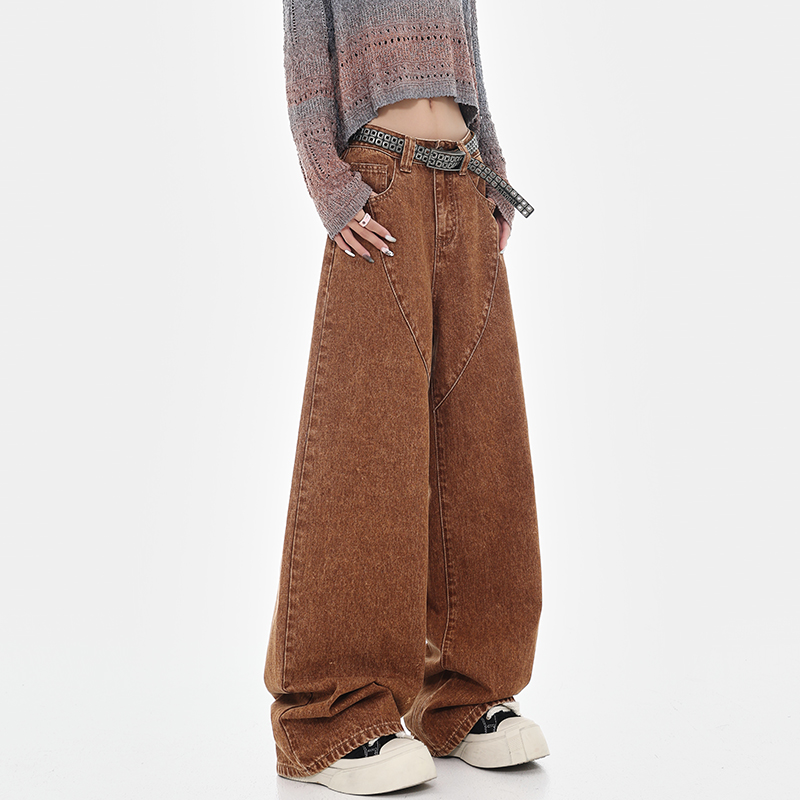 Spring New Melard Atmosphere Brown Denim Wide-Leg Straight-Leg Pants for Women - Versatile Casual 90s Style