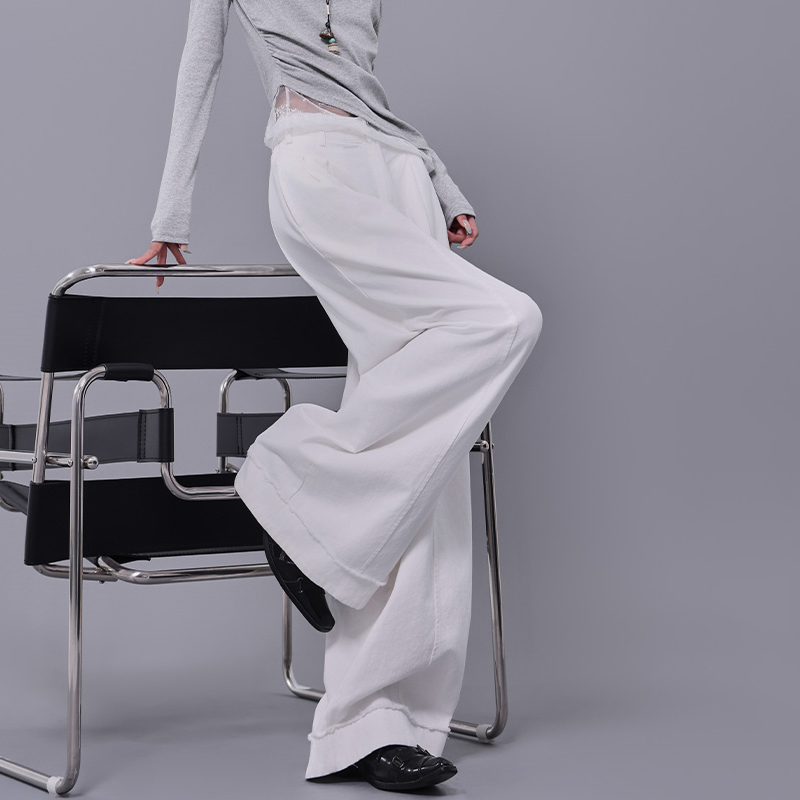 Spring New White High-Waisted Pleated Cuffed Casual Pants for Women - Elastic Waist Straight Wide-Leg Trousers, Y2K Style