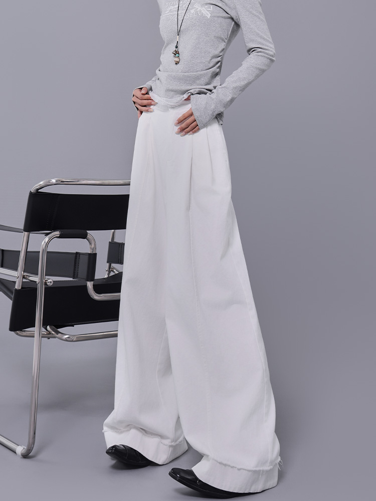 Spring New White High-Waisted Pleated Cuffed Casual Pants for Women - Elastic Waist Straight Wide-Leg Trousers, Y2K Style Spring New White High-Waisted Pleated Cuffed Casual Pants for Women - Elastic Waist Straight Wide-Leg Trousers, Y2K Style