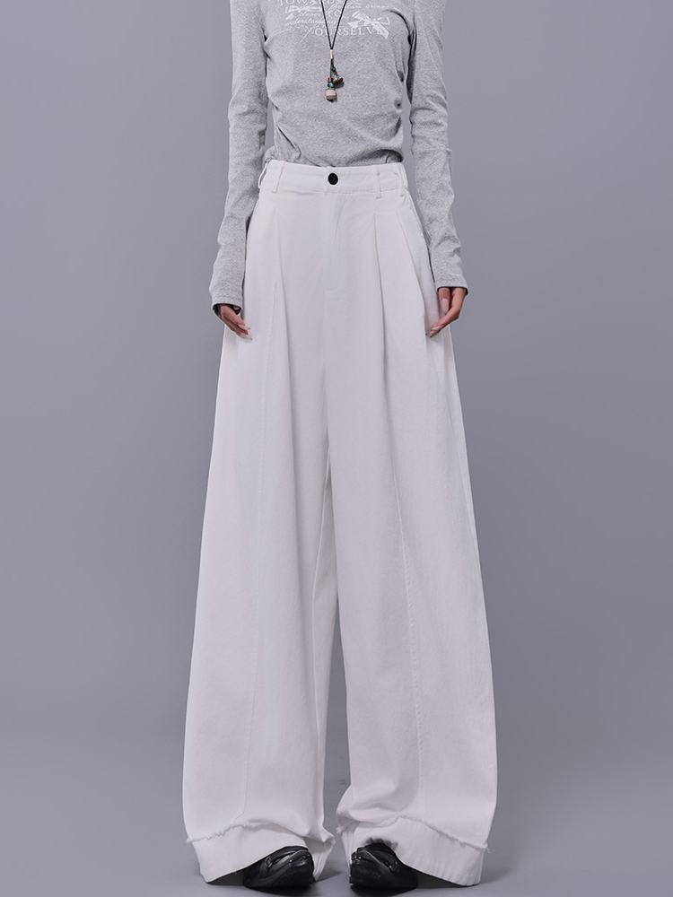 Spring New White High-Waisted Pleated Cuffed Casual Pants for Women - Elastic Waist Straight Wide-Leg Trousers, Y2K Style