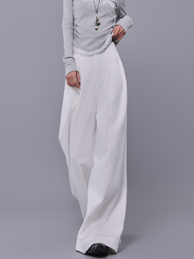 Spring New White High-Waisted Pleated Cuffed Casual Pants for Women - Elastic Waist Straight Wide-Leg Trousers, Y2K Style Spring New White High-Waisted Pleated Cuffed Casual Pants for Women - Elastic Waist Straight Wide-Leg Trousers, Y2K Style