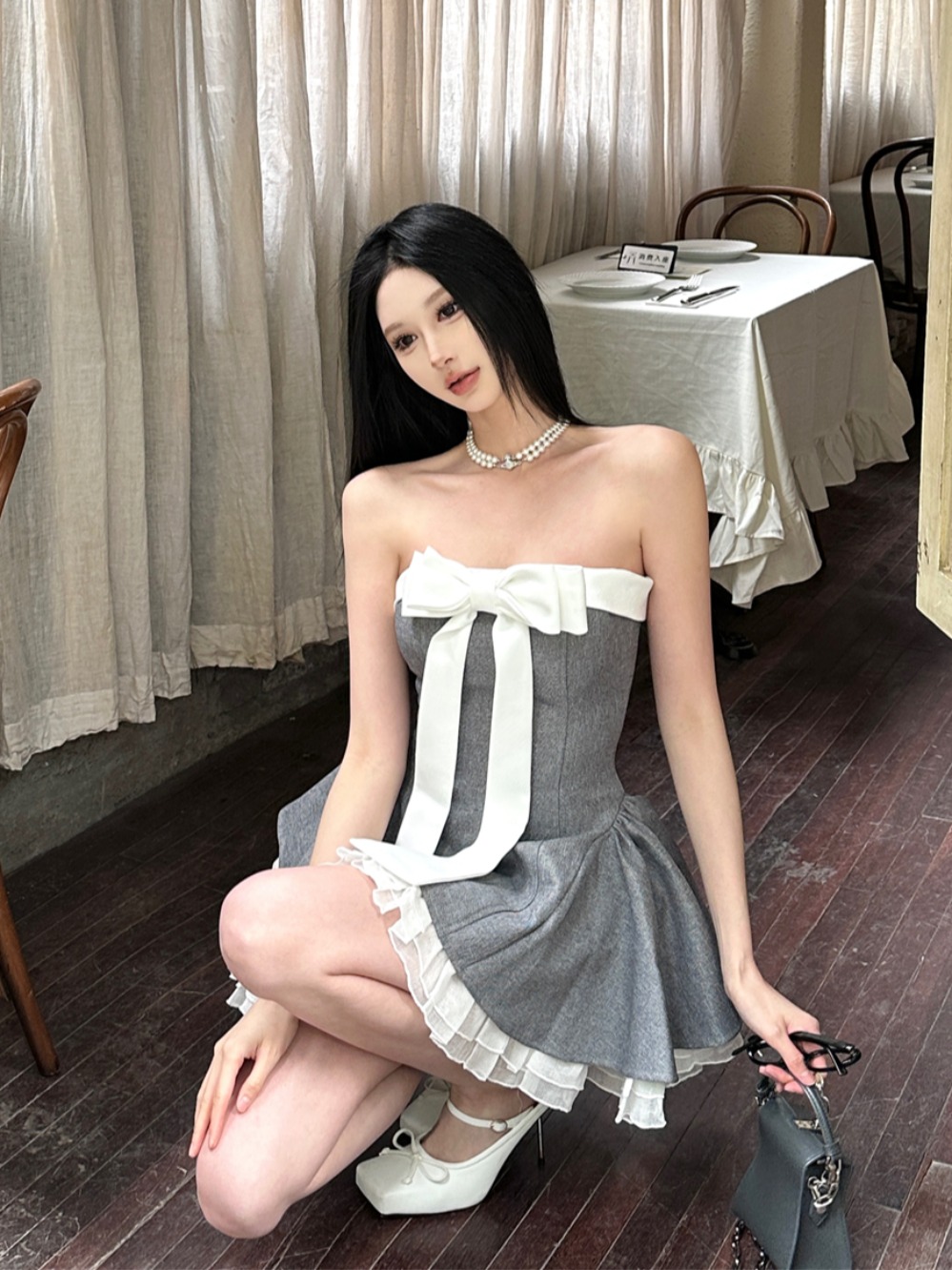 Spring Vintage Bow Strapless A-Line Puff Skirt Women's Princess Dress for Birthday Parties, Cute Short Dress Spring Vintage Bow Strapless A-Line Puff Skirt Women's Princess Dress for Birthday Parties, Cute Short Dress