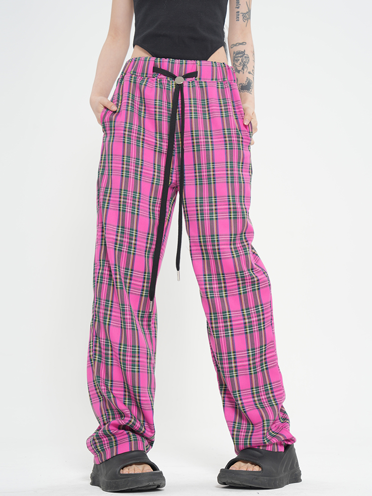 Spring Vintage Plaid Wide-Leg Long Pants for Women - Chic Loose Fit Casual Trousers in American Style