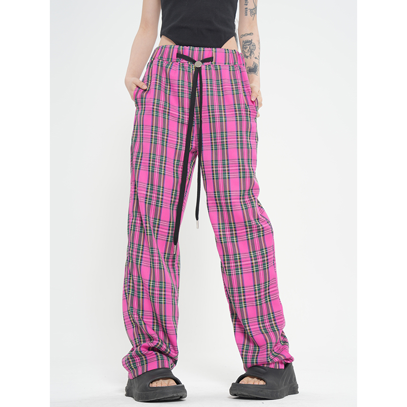 Spring Vintage Plaid Wide-Leg Long Pants for Women - Chic Loose Fit Casual Trousers in American Style