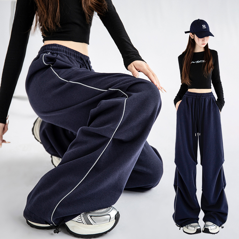 Spring Women's Casual Wide-Leg Sports Pants with Side Stripe - Loose Fit Floor-Length Trousers for Relaxed Walking and Everyday Wear