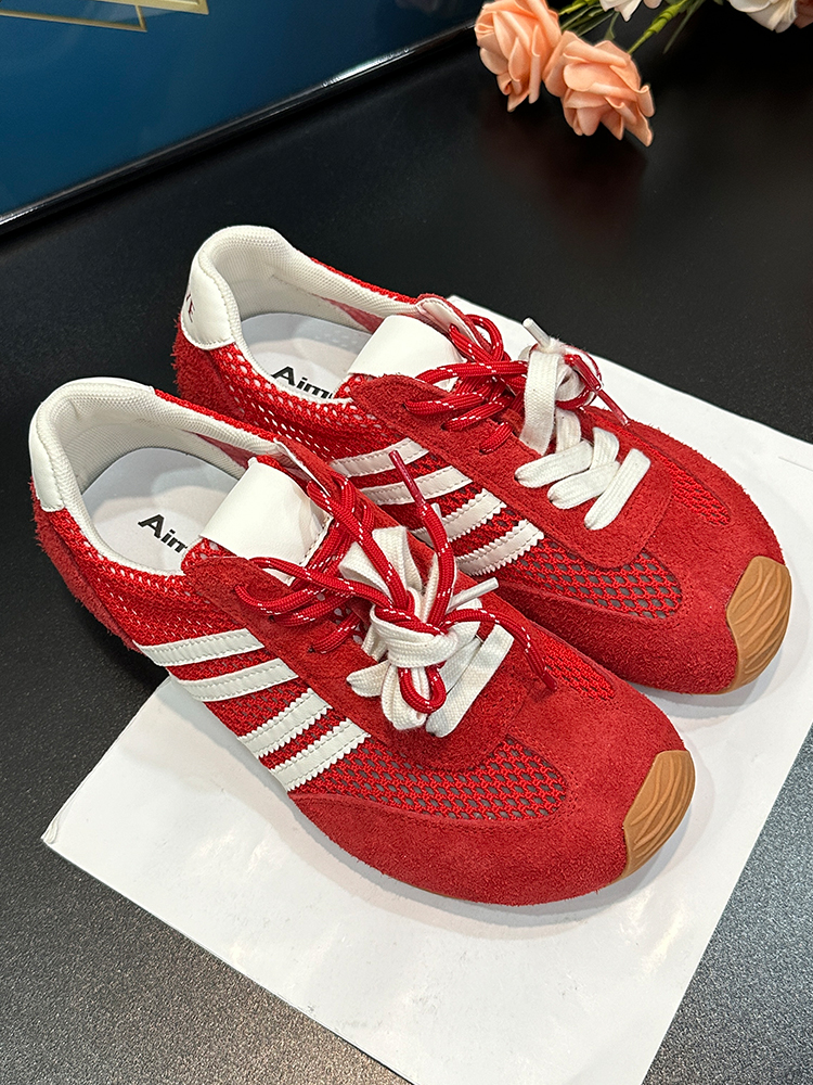 Spring/Summer 2025 Matte Genuine Leather Hollow Mesh Color-Block Height-Increasing Training Shoes for Women - Sporty Casual Style Spring/Summer 2025 Matte Genuine Leather Hollow Mesh Color-Block Height-Increasing Training Shoes for Women - Sporty Casual Style