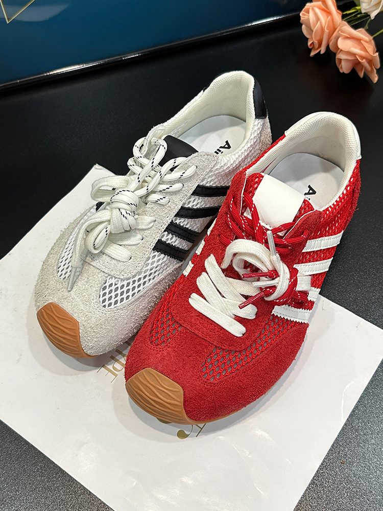 Spring/Summer 2025 Matte Genuine Leather Hollow Mesh Color-Block Height-Increasing Training Shoes for Women - Sporty Casual Style