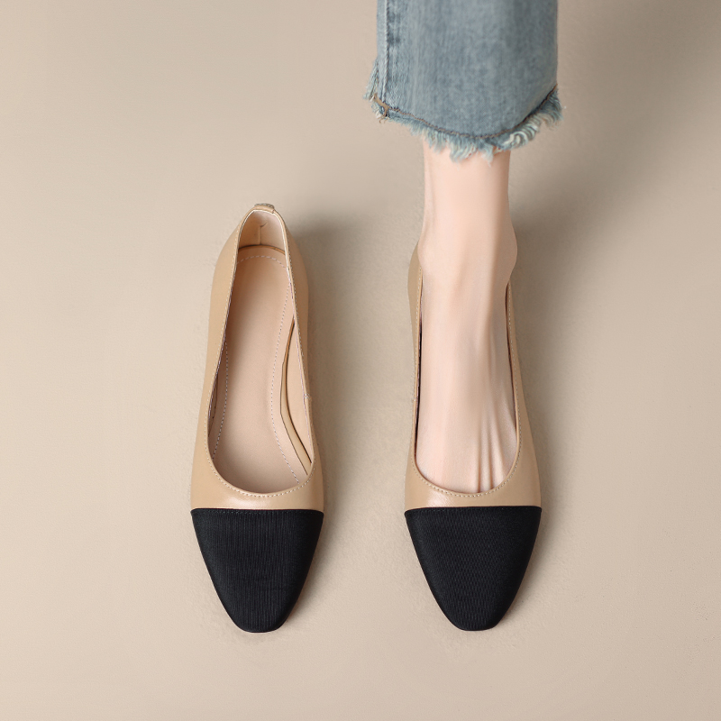 Square Toe Color-Blocking Flat Shoes in Genuine Leather - Chic French Style with Two Height Options