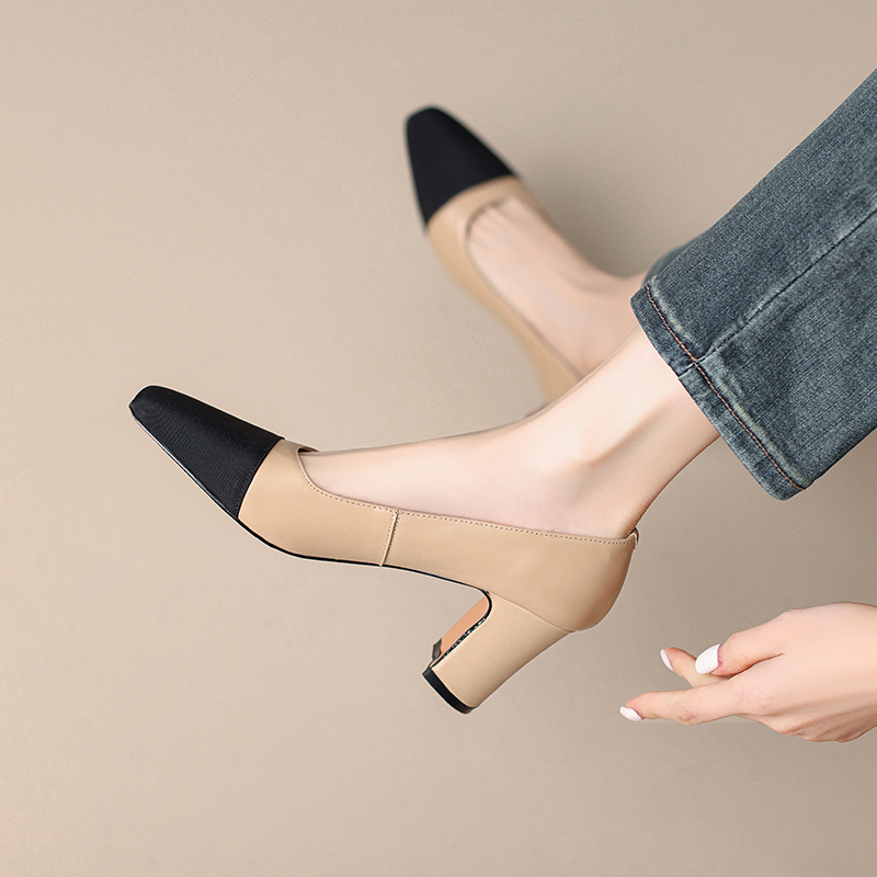 Square Toe Color-Blocking Flat Shoes in Genuine Leather - Chic French Style with Two Height Options