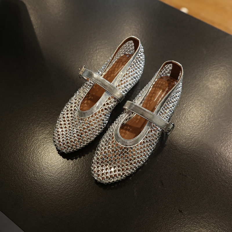 Starry Sky Party Full Diamond Hollow Out Fishnet One-Strap Round Toe Height-Increasing Sandals for Women - Trendy Evening Footwear