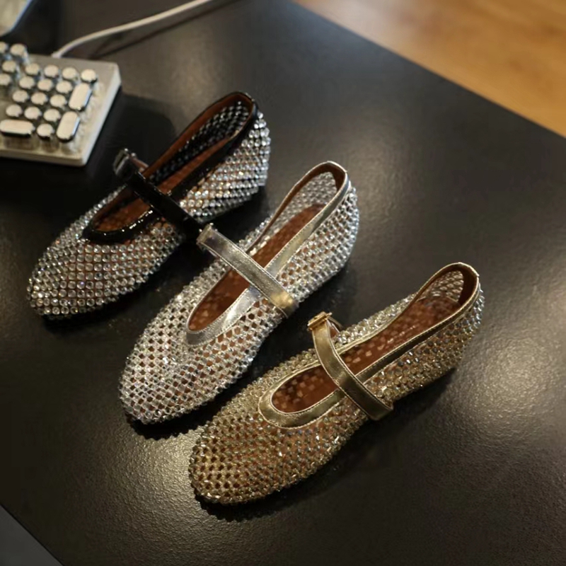 Starry Sky Party Full Diamond Hollow Out Fishnet One-Strap Round Toe Height-Increasing Sandals for Women - Trendy Evening Footwear