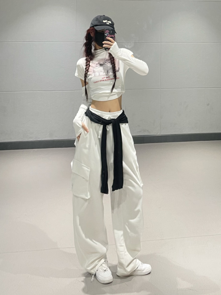 Straight-Leg Tapered Dance Pants for Girls, Casual White Sportswear, Trendy Korean Style Outfit, Perfect for Work and Play
